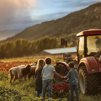 kids and goats following a tractor through the field in appalachia