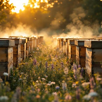 beehive boxes lined up in a flowery pasture