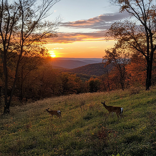 two deer are grazing peacefully in the backyard at sunset