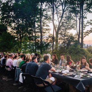 very large farm-to-table dinner on a long table