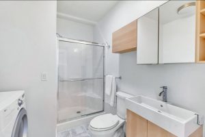 modern guest bathroom with glass shower, contemporary apron sink and wood cabinets. Laundry is in this room as well