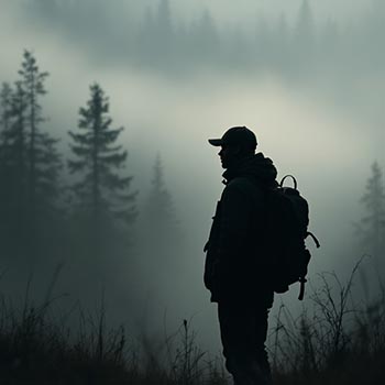 man in baseball hat hiking in a misty mountain woods