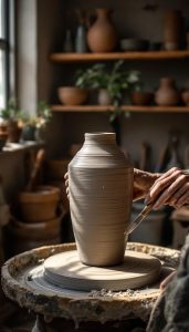 large pot being thrown on the pottery wheel