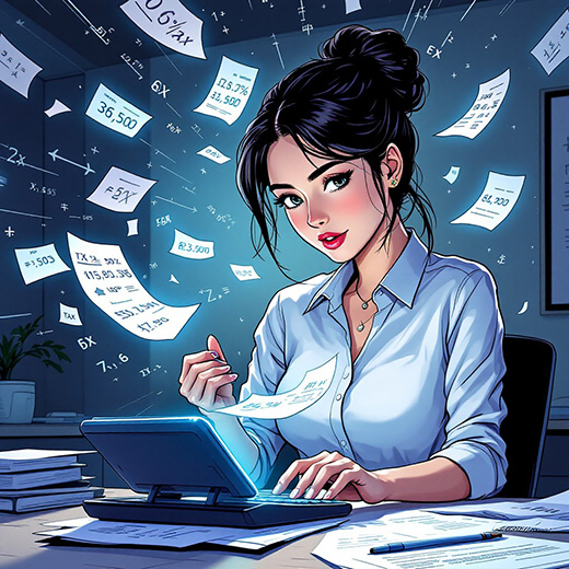 drawing of a woman doing taxes<br />
