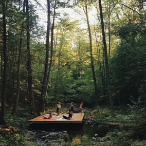 yoga on a platform over a pond in the woods in greeneville, tn